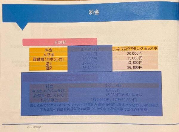 ルネ中等部｜料金